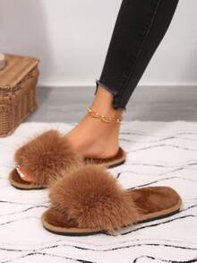 Spring Autumn Winter New Women's Faux Fur Open Toe Slippers, Fluffy Soft Plush Flat One-Strap Slides, Comfortable Warm Indoor Home Slippers - Brown - View 2