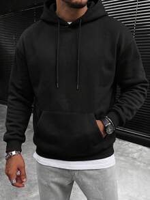 Men's Classic Solid Color Hooded Sweatshirt, Autumn/Winter Outfit Hoodie - Black - View 8