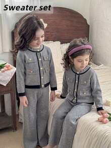2件組 女童純色假口袋針織開襟衫＋純色針織長褲，適合日常穿著、度假，春季、秋季、冬季適用 - 灰色 - 查看 2