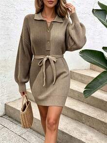 Plus Size Casual Fashion Colorblock Patchwork Button Belt Lapel Long Sleeve Knit Dress - Khaki - View 5