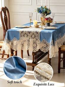 1pc Light Blue Velvet Hollow Lace Tablecloth, Gold Vine Rope Embroidery Craft Tablecloth, Multiple Size Options, Suitable For Living Room, Dining Room, Home Decor And Room Decoration, Perfect For Holiday Party Decoration Or Dining Table Decor - Baby Blue - View 5