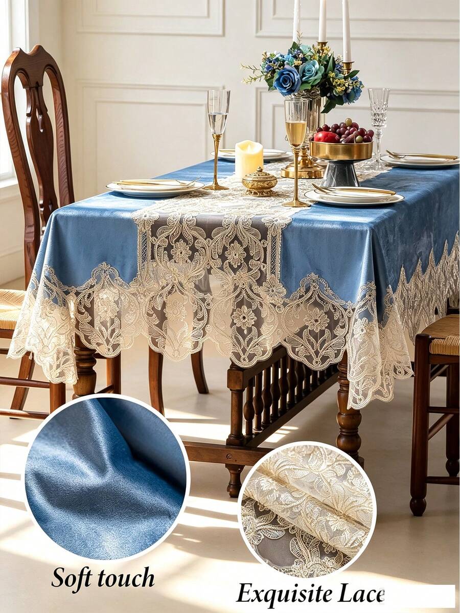 1 buah Taplak Meja Renda Berongga Beludru Biru Muda, Taplak Meja Kerajinan Bordir Tali Sulur Emas, Tersedia Berbagai Ukuran, Cocok Untuk Ruang Tamu, Ruang Makan, Dekorasi Rumah dan Dekorasi Ruangan, Sempurna Untuk Dekorasi Pesta Liburan atau Dekorasi Meja Makan - Baby Blue - View 1