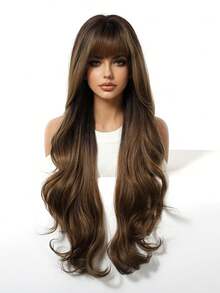 Topshe 30 Inch Gradient Dark Brown To Caramel Highlight Long Wavy Synthetic Wig, Silky Voluminous Soft Texture, Neat Straight Fringe Bangs, Breathable Adjustable Wig Cap, Perfect For Daily Outing, Dating, Club, Vintage Style Hair Wig For Ladies - Piano Color - View 4