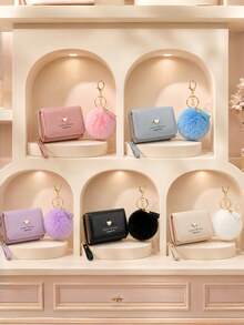 Dompet Kecil Wanita Lucu dengan Gantungan Kunci Pom Pom, Dompet Pendek Kulit PU Bentuk Hati yang Manis, Set Hadiah Dompet Koin Mini dengan Banyak Slot Kartu - MultiWarna - View 7