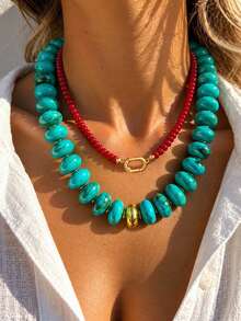 2/1pc Vintage Elegant Fashion Bohemian Style Chunky Red Layered Turquoise Color Gradient Resin Acrylic Beaded Necklace Set, Personalized Minimalist Y2K High-End Collarbone Necklace, Suitable For Women Autumn/Winter Daily Wear, Dating, Vacation, Party, Birthday, Best Friend Gift, Versatile All Year Round - Multicolor - View 4