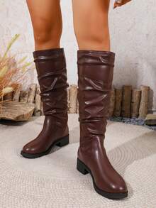Women's Pleated Gold Buckle Chunky Heel Versatile Fashion Boots - Brown - View 8