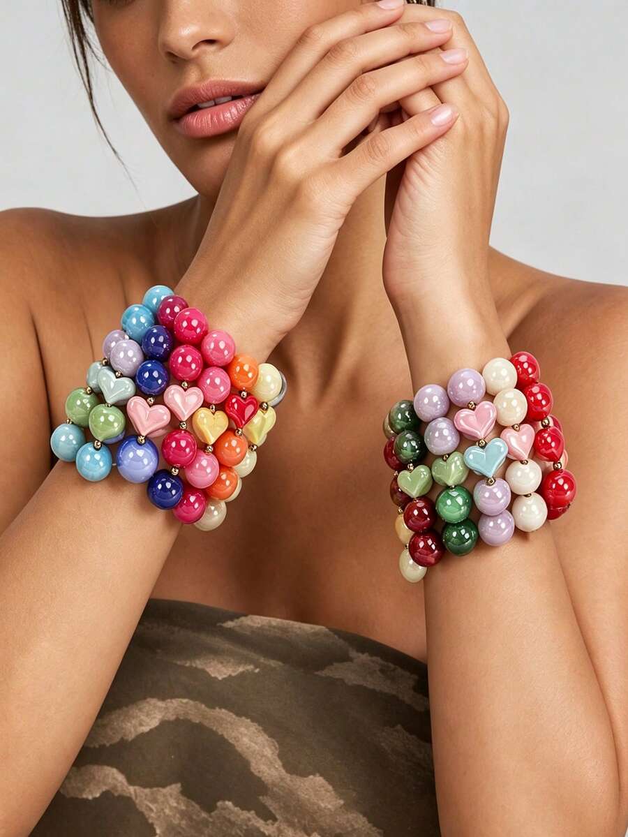 1pc European & American Bohemian Geometric Iridescent Bead Heart Elastic Bracelet For Women, Holiday Gift, Daily Wear - Handmade Iridescent Elastic String Bracelet - View 1