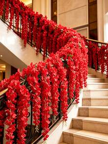60pcs Red Artificial Wisteria Flowers, Dense Faux Wisteria Vine Garland, Artificial Christmas Flowers, Hanging Vines, Faux Plants, Suitable For Wedding Decor, Porch, Wall Decor, Birthday Party, Room Decor, Garden And Home Decor Outdoor Artificial Flowers, Suitable As Valentine's Day, Halloween Or Christmas Gifts, DIY Floral Arrangement - Red - View 8