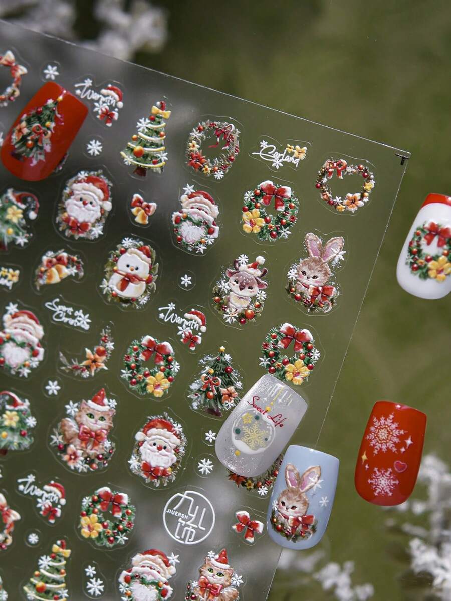 Cute Animal Christmas 5D Embossed Nail Stickers, Santa Rabbit Cat Wreath Pine Tree Snowflake Self Adhesive Nail Art Decor For Xmas Manicure - Multicolor - View 1