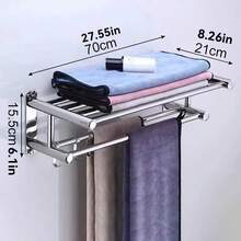 1pc 50cm Thickened 304 Stainless Steel Hotel Home Bathroom Towel Rack, Bath Towel Holder, Bathroom Towel Storage Rack, Drill-Free And Drill-Mount Dual-Use Bathroom Hardware Wall-Mounted Toilet Towel Rack, Double-Layer Bathroom Towel Rack With Hooks, Suitable For Bathroom Storage Organizer. Rust-Proof SUS304 Stainless Steel Towel Rack, Wall-Mounted Double-Layer Towel Rack, Suitable For Shower Room Bathroom. Double-Layer Bathroom Towel Rack With Storage Shelf - Silver - View 15