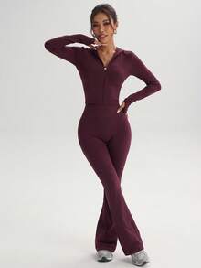 Burgundy Hooded Cropped Jacket With Thumb Holes And High-Waisted Flare Pants Set, Street Style Fitness Wear - Burgundy - View 8