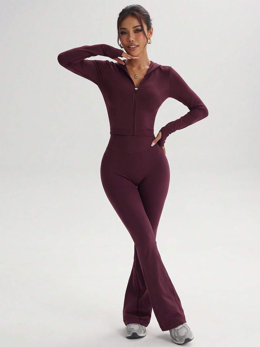 Burgundy Hooded Cropped Jacket With Thumb Holes And High-Waisted Flare Pants Set, Street Style Fitness Wear
