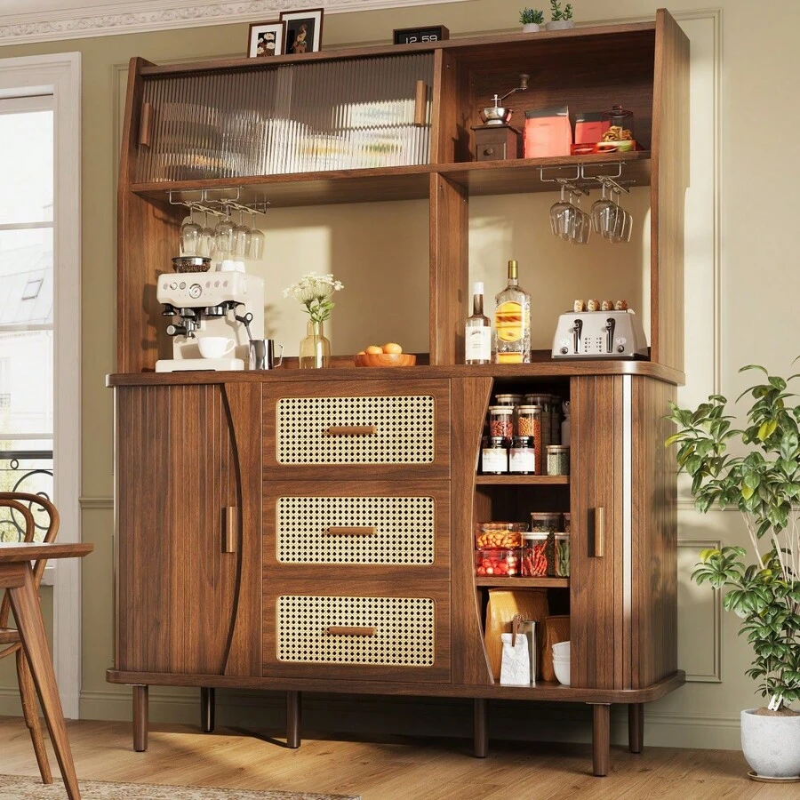 High-Quality Sideboard With Rattan Look And Glass Sliding, 174.5 High Kitchen Cabinet With Storage Space, Natural Wood/Walnut Look - Walnut + MDF+Metal - View 1