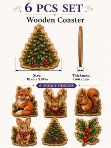 1套森林聖誕木製杯墊，狐狸鹿松鼠兔子樹冬青飲料杯墊組，鄉村農舍風節日桌面裝飾，適用於居家廚房聖誕派對 - 彩色 - 查看 6