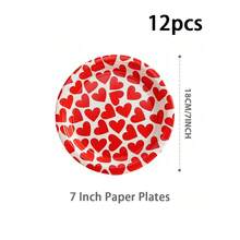 Red Heart Print Disposable Paper Plates Set, 24Pcs (12Pcs 9inch +12Pcs 7inch), Valentine's Day Party Tableware, Paper Plates For Wedding, Anniversary, Birthday Party, Picnic & Family Dinner Decor - Multicolor - View 7