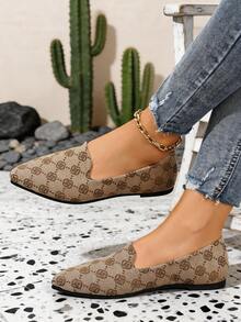 Khaki Letter Print Women's Flat Shoes, Minimalist Pointed Toe Slip-On, Versatile Casual Commuter Shoes - Khaki - View 2
