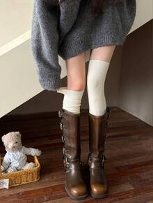 1 Pair Women's Ribbed Knit Thigh High Socks, Soft Stretch Thigh High Stockings, Cozy Preppy Socks For Fall Winter, School & Daily Wear - Multicolor - View 8