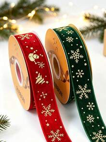 1 Gulungan Pita Beludru Merah & Hijau 2,5cm dengan Foil Emas, Motif Manusia Salju & Kepingan Salju Musim Dingin, Cocok untuk Pembungkus Kado Natal, Kotak Kado, Dekorasi Liburan DIY, Buket, Karangan Bunga, dan Dekorasi Pohon Natal - beraneka warna - View 10