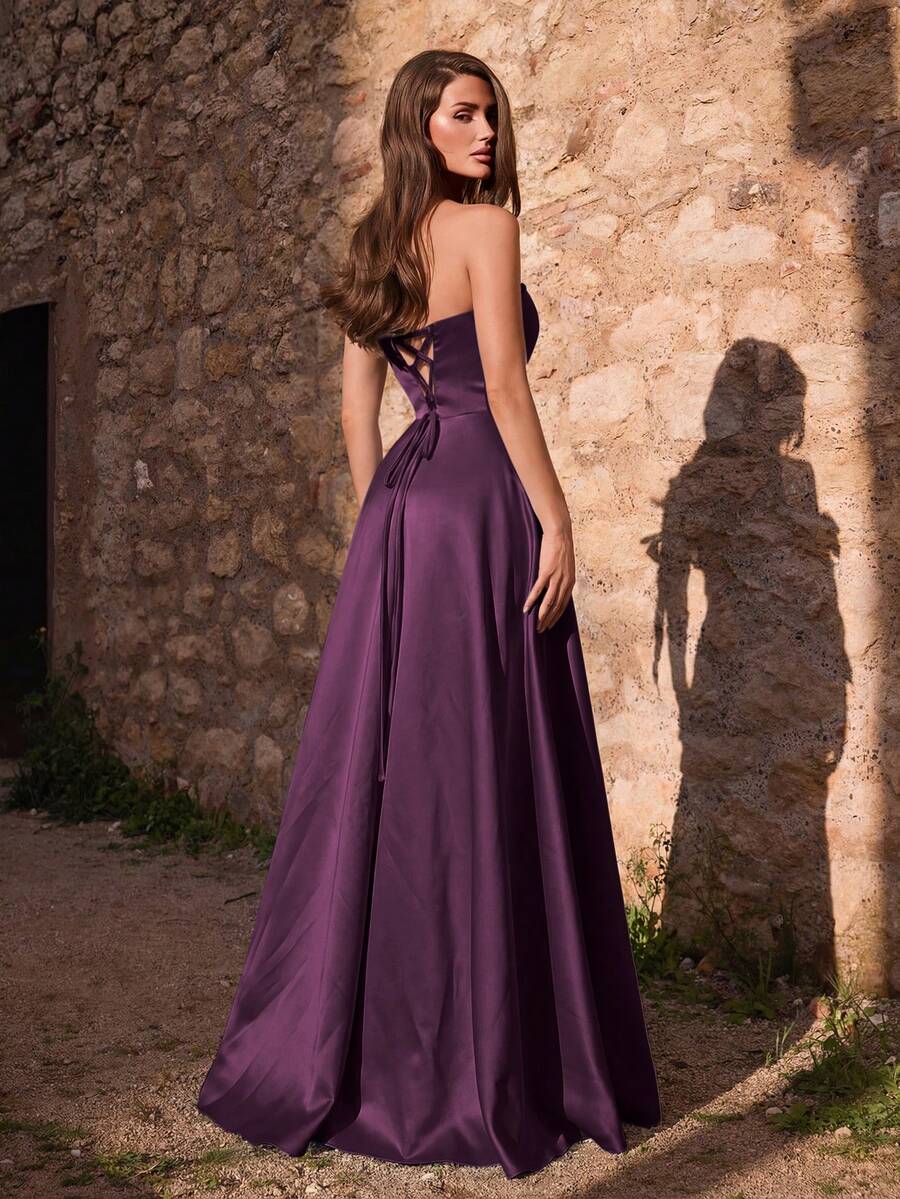 Faeriesty Women's Elegant Ruched Bodycon High Slit Evening Gown - Spring/Summer Formal Dress Fall Wedding Party - Purple - View 1