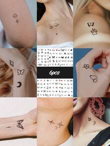 6PCS Minimalist Mini Butterfly Snowflake Heart Music Note Pattern Party Gifts Holiday Gifts Music Festival Temporary Body Skin Waterproof Tattoo Stickers For Hands Shoulders Neck - Multicolor - View 2