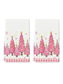 2pcs Set Christmas Kitchen Towels, Pink Watercolor Hand-Painted Christmas Tree, Yellow Star String Lights, Pink Plaid Winter Snowflake, Sweet Girly Style, Pastel Holiday Home Decor, Absorbent Hand Towels - Multicolor - View 4