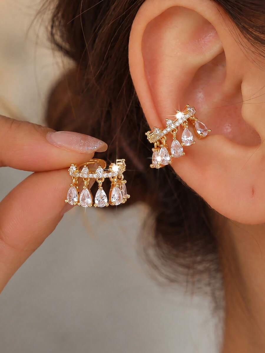 1pc Luxury Fashion Dangling Teardrop Zirconia Crown Clip-On Earrings, Sparkling Glitter Reflection, Earring Cuff For Pierced-Ear Free Wear - Multicolor - View 1