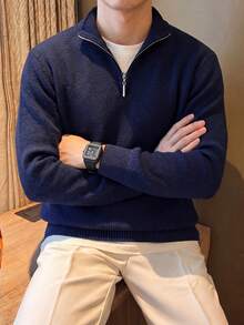 Men's Zipper Vertical Ribbed Knit Sweater, Stand Collar Long Sleeve, Suitable For Office And Daily Wear, Fashion Casual - Navy Blue - View 4