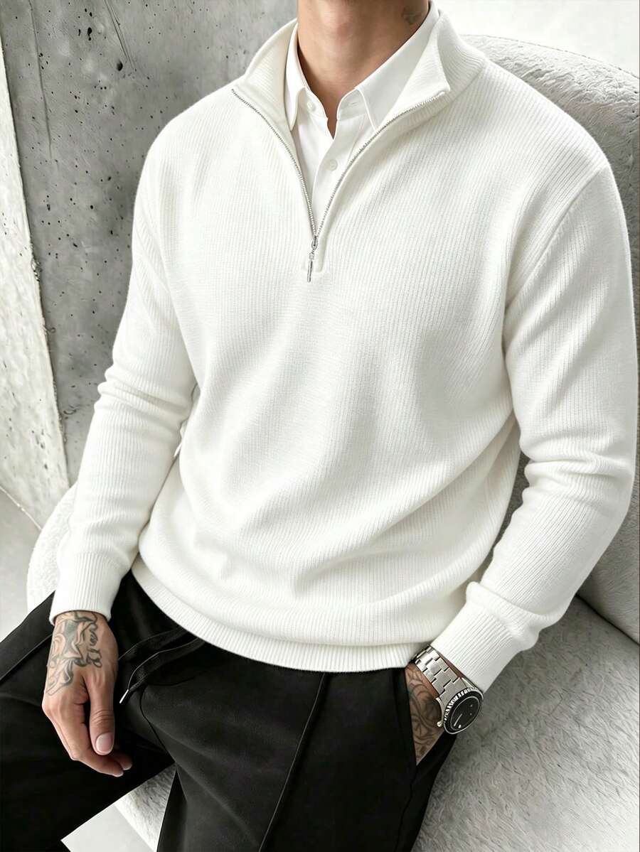 Men's Zipper Vertical Ribbed Knit Sweater, Stand Collar Long Sleeve Suitable For Office And Daily Wear Fashion Casual