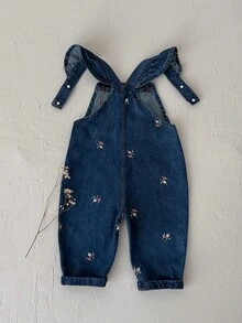 Baby Floral Embroidered Denim Adjustable Shoulder Strap Overalls, Loose Rolled Hem Long Pants For Boys And Girls - Navy Blue - View 6