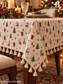 Christmas Printed Tablecloth With Tassel Fringe, Beige Holiday Table Cover With Christmas Tree, Reindeer & Gift Pattern, Festive Dining Table Decor For Xmas Party, Kitchen & Home - Beige - View 5
