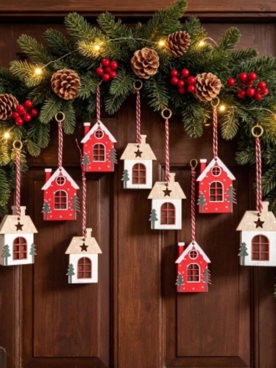 8pcs Christmas Wooden Hanging Ornaments, Small House Shaped Tree Decorations, Rustic Style Holiday Tabletop And Wreath Decor, Exquisite Seasonal Gift, Suitable For Plush Doll Collection, Great Choice For Winter Home Decor