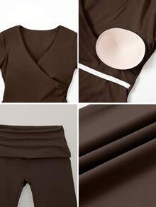 TimeOff Women's One Set Solid Color Cross V-Neck Long Sleeve V-Fold High Waist Mid-Length Pants Set - Brown - View 5