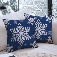 2PCS Navy Snowflake Pillow Set For Winter And Holiday Sofa And Bedroom Home Decor, Autumn/Winter Decoration, Single-Sided Printing, Pillow Core Not Included - Blue - View 4