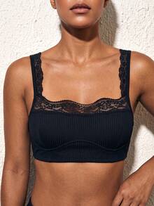 Women's Fashion Lace Patchwork Solid Color Bra, Romantic Comfortable Adjustable Simple Lingerie - Black - View 3