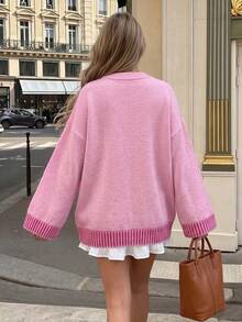 Cute Pink Women's Sweater, Long Sleeve Pullover, With Striped Details, Comfortable Winter Fashion, Suitable For Daily Wear - Pink - View 5