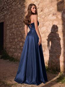 Faeriesty Women's Elegant Ruched Bodycon High Slit Evening Gown - Spring/Summer Formal Dress Fall Wedding Party - Navy Blue - View 1