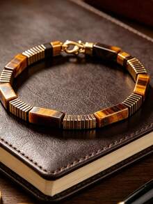 Men's Tiger Eye And Hematite Bracelet – Warm Desert Style – Handmade - Yellow Gold - View 2