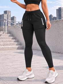 Women 2 In 1 High Waist Sports Leggings With Drawstring Layered Shorts Slim Fit Active Pants - Black - View 1