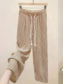 Striped Long Pants With Drawstring Elastic Waist, Pockets And Back Pockets, Suitable For Office, Business, Vacation, Casual, Daily, Home, Street, College, Travel, New Style - Brown - View 4