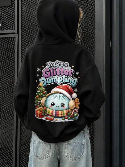 1pc Tween Girl Black Hooded Sweatshirt, Fun "Shiny Cute Dumpling" Cartoon Bun Christmas Hat Graphic Back Print Long Sleeve Top, Blending Kawaii Cute Style With American Street Casual Vibe, Loose Fit Suitable For Christmas Party, Holiday Gathering And Daily Wear, Selected Christmas Gift