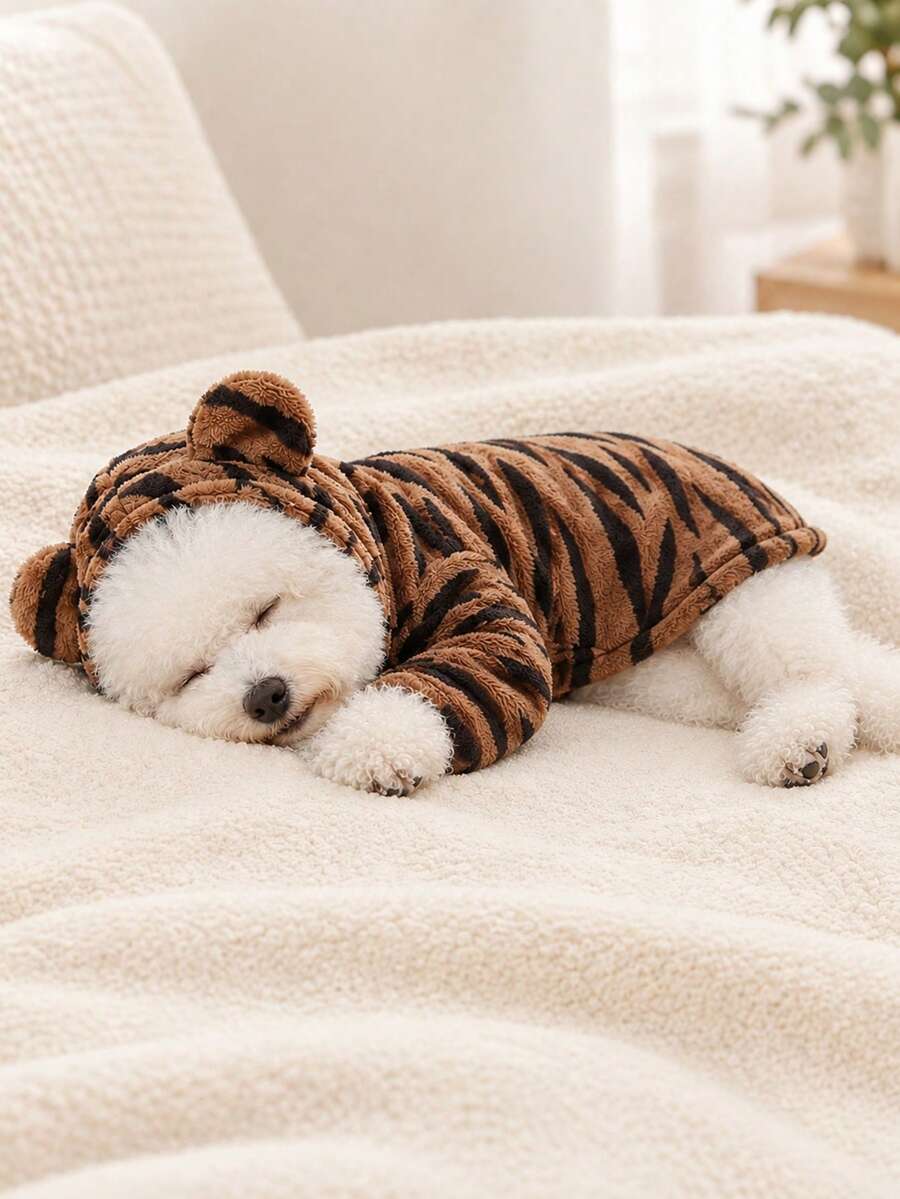 Sweatshirt Berkerudung Motif Garis Harimau untuk Hewan Peliharaan, Leher Bulat, Hangat & Nyaman, Gaya Liar yang Berani, Cocok untuk Anjing dan Kucing Kecil hingga Sedang untuk Pemakaian Sehari-hari di Dalam dan Luar Ruangan - Coklat - View 1