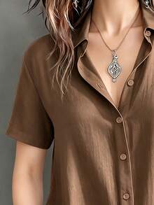Casual Basic Plus Size Women's Button-Up Short Sleeve Shirt Blouse - Brown - View 4