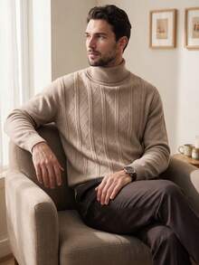 Men's High Neck Cable Knit Argyle Pattern Sweater, Crew Neck Simple Casual Style, Business Commute Inner Layer Outer Wear Knit Top, Two-Collar Design - Apricot - View 6
