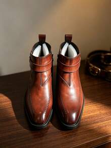 Men's Vintage Distressed Buckle Design Chelsea Boots Square Toe Hand-Stitched High-Top Riding Boots Zipper British Style Business Casual Formal Shoes Boots - Brown - View 5