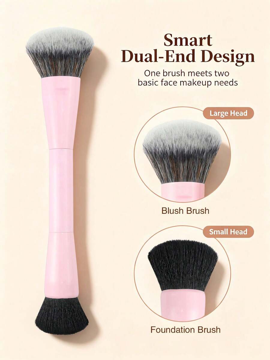 1pc Dual-Ended Multi-Function Professional Makeup Brush, Soft Synthetic Bristles, Suitable For Foundation, Blush, Loose Powder, Highlighter, Contour, Portable Multi-Function Makeup Tool - Pink - View 1