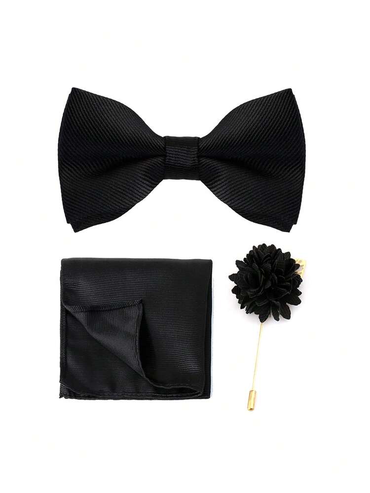 Classic Solid Color Elegant Men's Business Soft Polyester Fabric Bow Tie Set, Bow Tie, Pocket Square, Brooch, Exquisite Set For Performance, Friends, Wedding, Party Accessories - Black - View 1