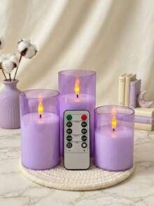 3pcs Transparent Pink Flameless LED Candles (With Remote Control And Timer Function) - Realistic Flickering Warm Light, Smokeless Battery Powered, Home Decor, Wedding Decor, Garden, Holiday Party - Purple - View 2