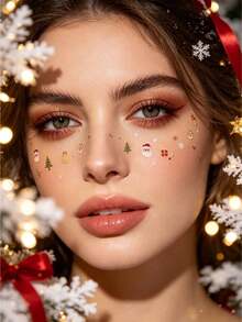 1pc Christmas Party Makeup Face Sticker Set With Exclusive Tweezers, Self-Adhesive, Santa Claus Christmas Tree Gift Cartoon Pattern Facial Stickers For Christmas Photos, Holiday Parties, Family Gatherings Photo Decoration - Multicolor - View 2
