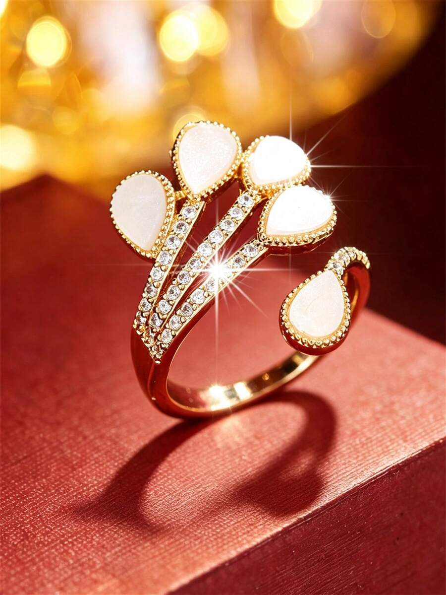 1pc Fashion Classic Leaf Branch Water Drop Shape Open Ring, Niche Design Luxury Women's Jewelry, Holiday Gift Accessory - Open Ring - View 1