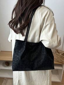 2026春季新款咖啡色天鵝絨復古大容量單肩包腋下包手提包，商務女性休閒風 - 黑色 - 查看 5